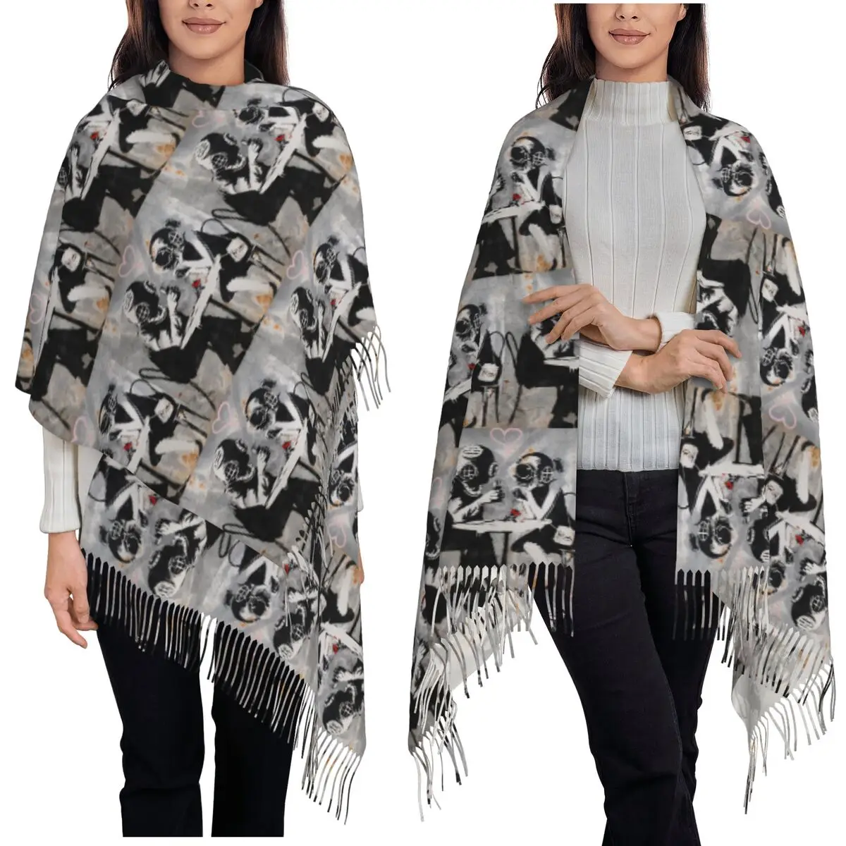 

Banksy Street Art Think Tank Dating Пара Шарф Шарфы с кисточками для женщин Теплые шали и накидки Большая осенне-зимняя шаль