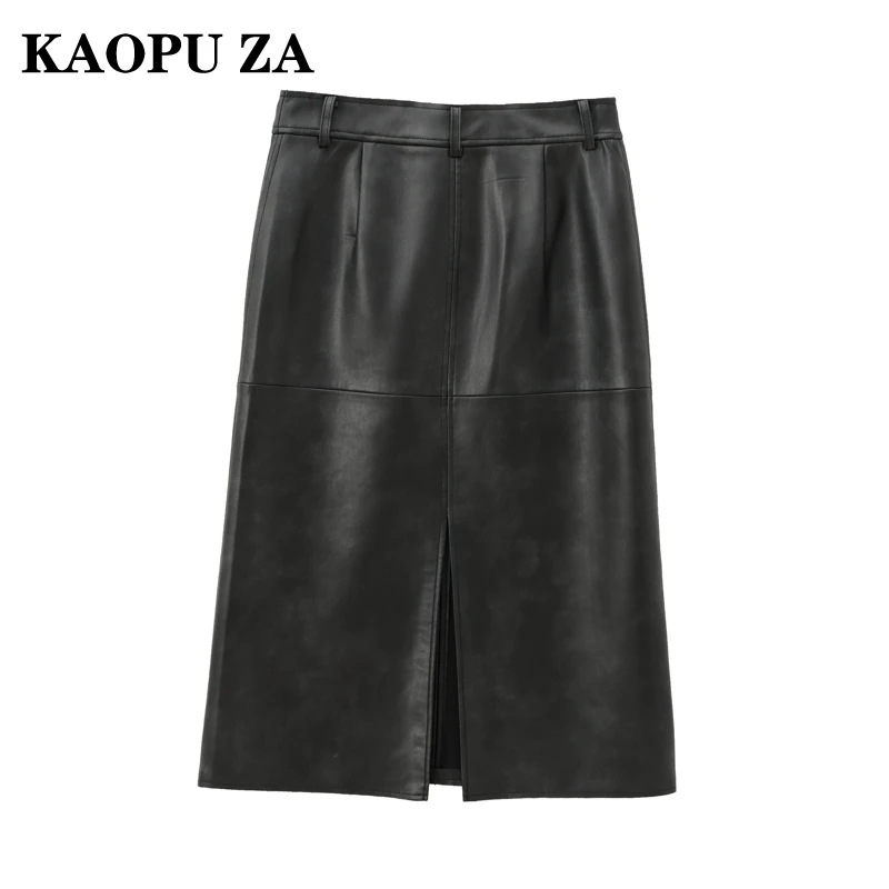 KAOPU ZA 2024 New Summer Woman's Casual Regular Fit zipper Midi Skirt Female Vintage Imitation Leather Solid Color Leather Skirt