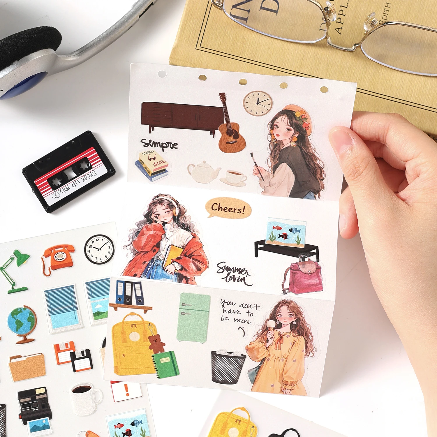 Vintage Scrapbooking 3D Embossed Stickers Japan Foods Instrument Old Things Pattern Junk Journal Phone Decoration Craft Supplies