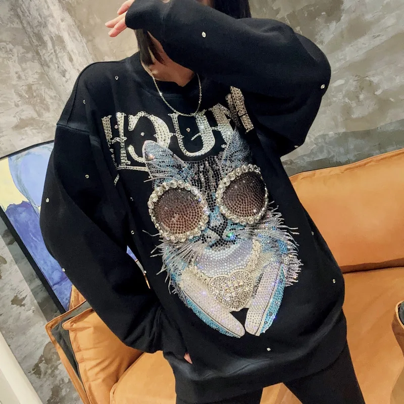 New Fashion Cartoon Cat Rhinestone Round Neck Women\'s Pullover Hoodie Beads Diamond-Embedded Cool Handsome Loose Top Sweatshirt