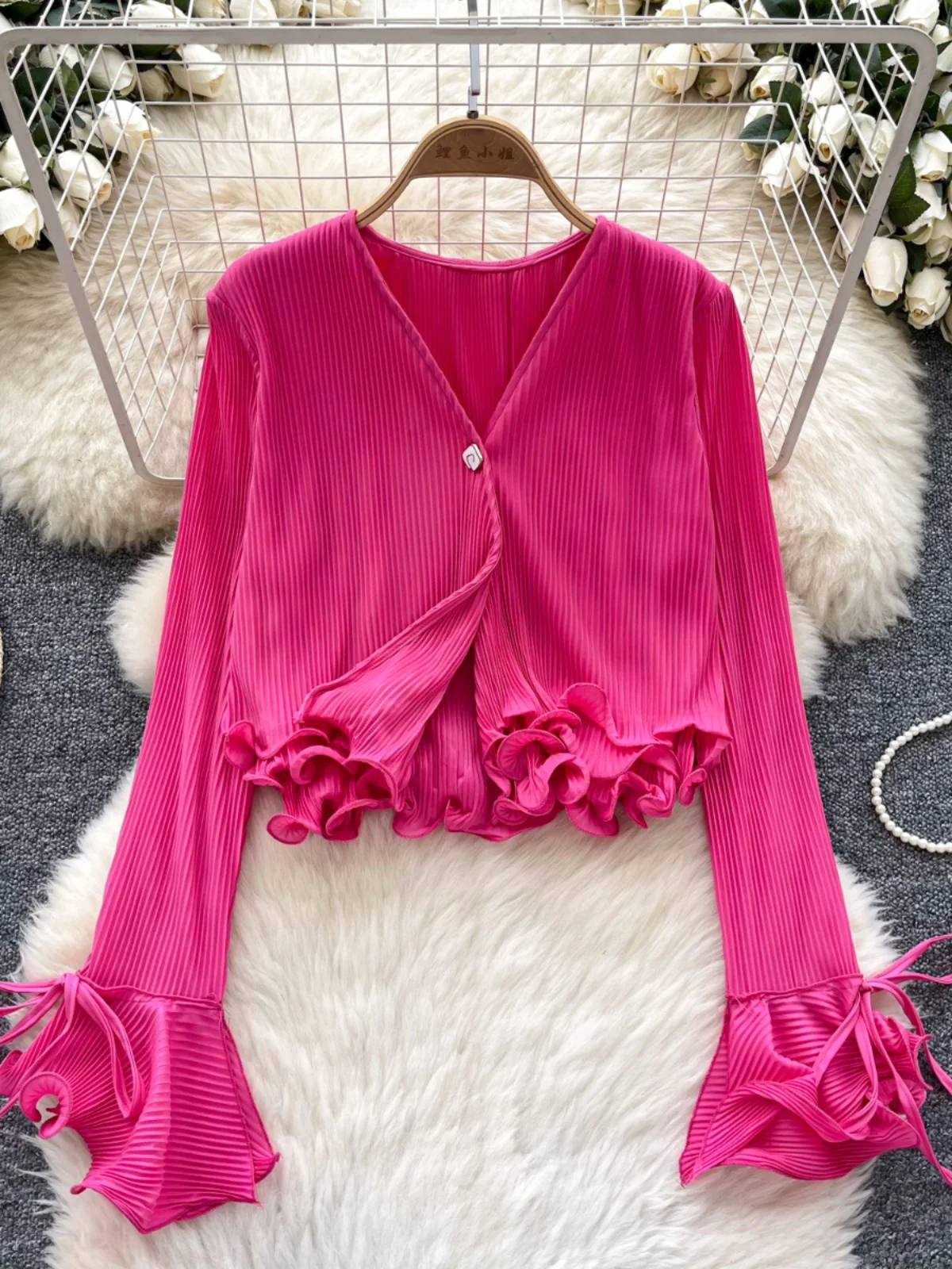 

Women's Long Sleeve Shirt V-Neck Short Design Spring Commute Style Loose Fit Polyester Fiber Breathable Floral Bell Sleeve