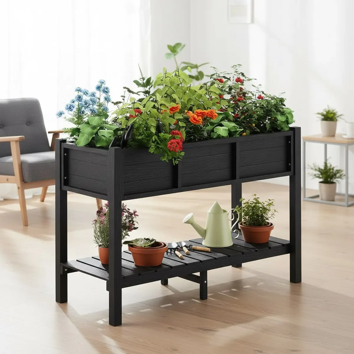 Elevated Planter Box Large Black Weather Resistant Outdoor Vegetable Herb Garden Bed with Storage Shelf