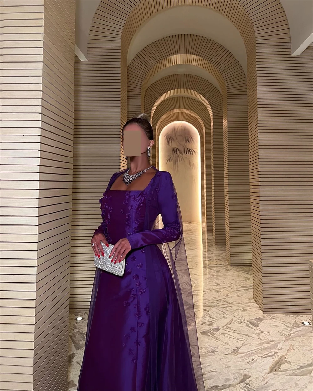 Customized Evening Dress Exquisite Purple Satin Square Collar Off the Shoulder Long Sleeves Appliques Pearls Ruched Prom Gowns