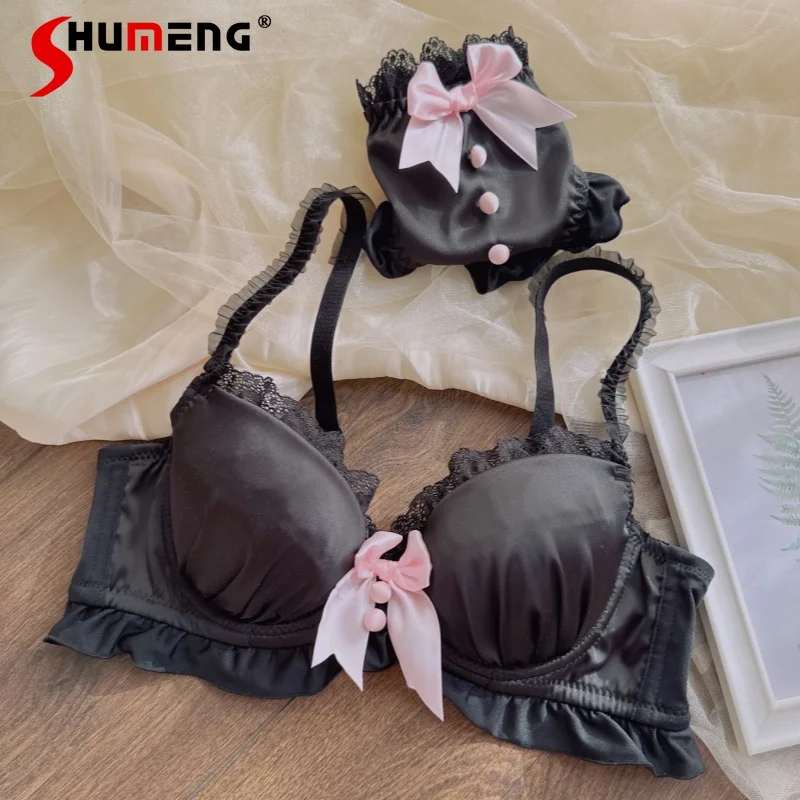 

Sweet Cute Big Bow Satin Bra Set for Women Thin Cup Push Up Comfortable Intimates Female Japanese Sweet Sexy Lingerie Suits