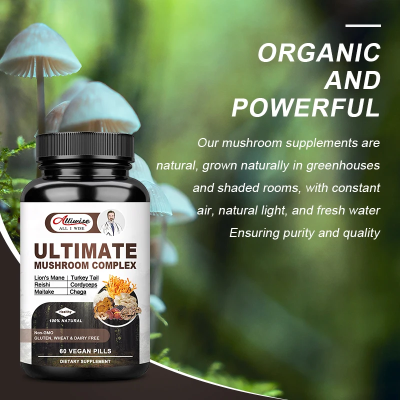 Alliwise Mushroom Natural Complex Mushroom capsule Coffee Substitute Support Energy & Immune Keep Mental Clarity &Focus Brain