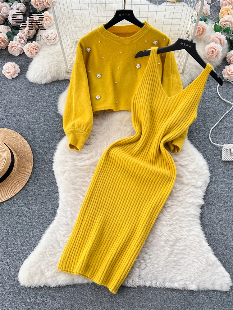 SINGREINY Beading Casual Two Piece Set Women Long Sleeve O Neck Pullover Midi Dress Fashion 2023 Winter Sweater Suit Dresses
