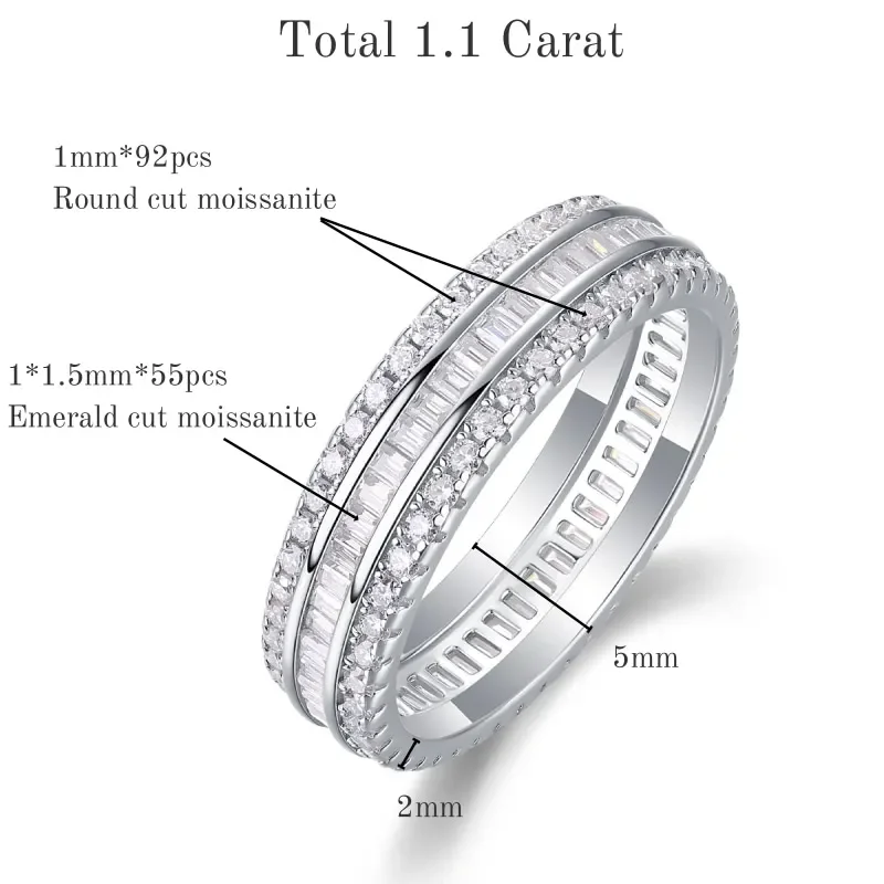 1.1cttw D Color Moissanite Ring For Women S925 Silver Round Rectangular Diamond Setting Eternity Wedding Band Fine Jewelry