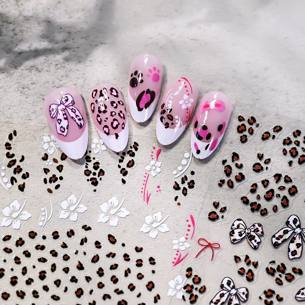 1pcs 3D Retro Leopard Print Bow Nail Art Stickers Kawaii Ribbon Bows Self Adhesive Nail Decals Cute Leopard Manicure Decals 8*10