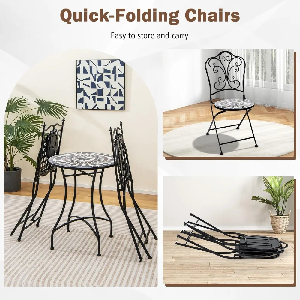 طقم طاولة وكراسي بيسترو مكون من 2، 3 قطع طاولة فناء فسيفساء مع كراسي قابلة للطي، إطار فولاذي، مجموعة أثاث فناء دائري خارجي