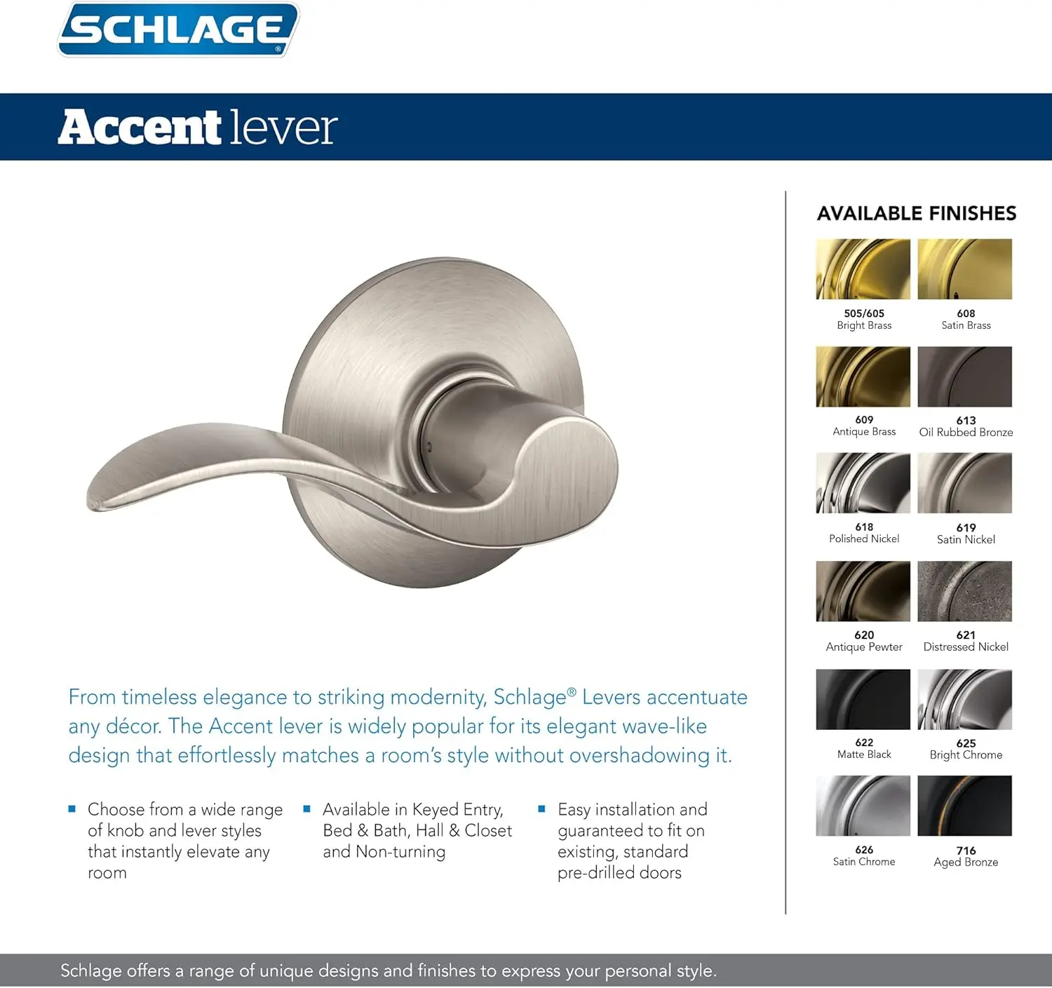 Schlage F40 ACC 619 CAM Accent Door Lever with Camelot Trim, Bed & Bath Privacy Lock, Satin Nickel