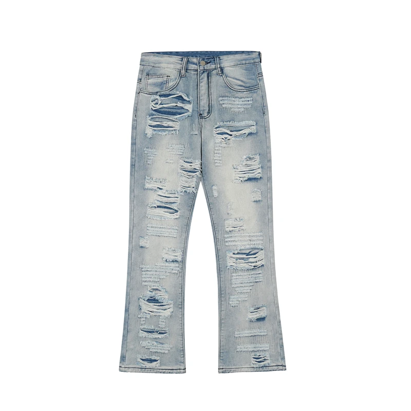 

High Street design sense Heavy industry fake ripped Ding stitching wind micro flared loose jeans