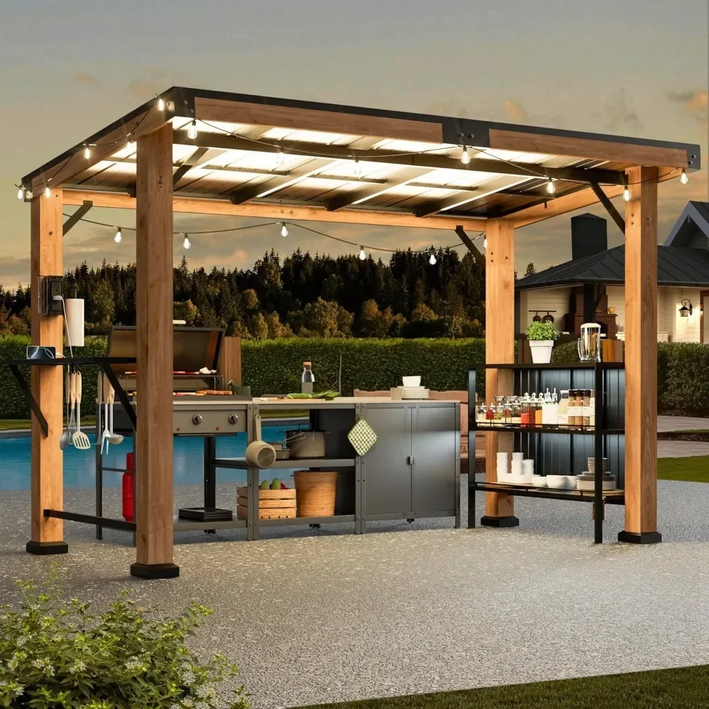 

Nordic Modern Minimalist Shade Grill Gazebo 6' X 12', Patio with Galvanized, Cedar Wood with Dual bar Tops & Shelves