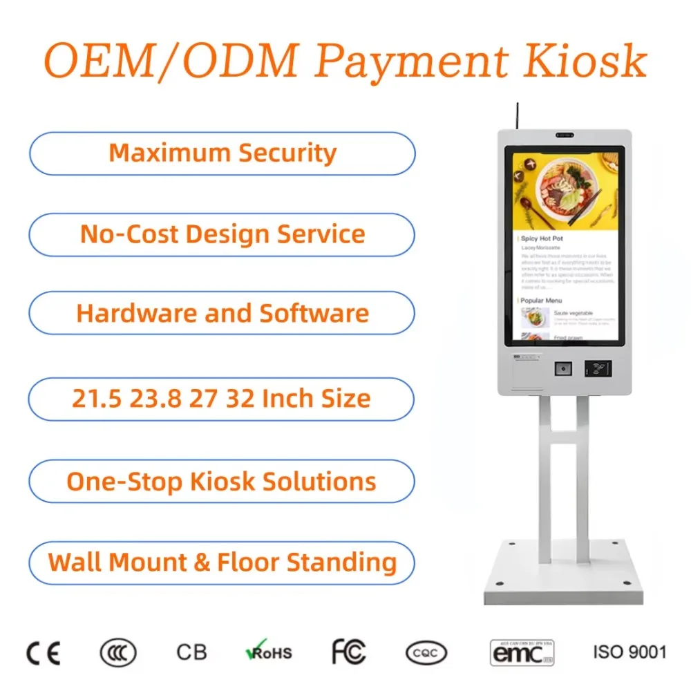27 32 Inch Wall Mounted Touch Screen Payment Terminal Self Service Card Reader Fast Food Ordering Kiosk Machine for Restaurant