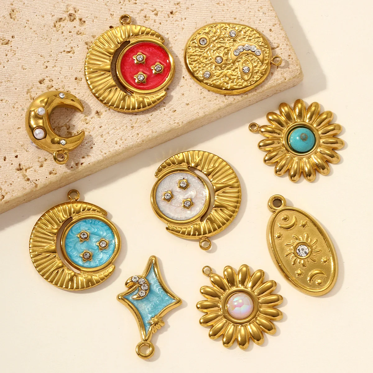 3pcs/Lot Stainless Steel ABS Pearl Crescent Moon Star DIY Charms Daisy Flower Necklace Pendants Woman Sun Jewelry Wholesale