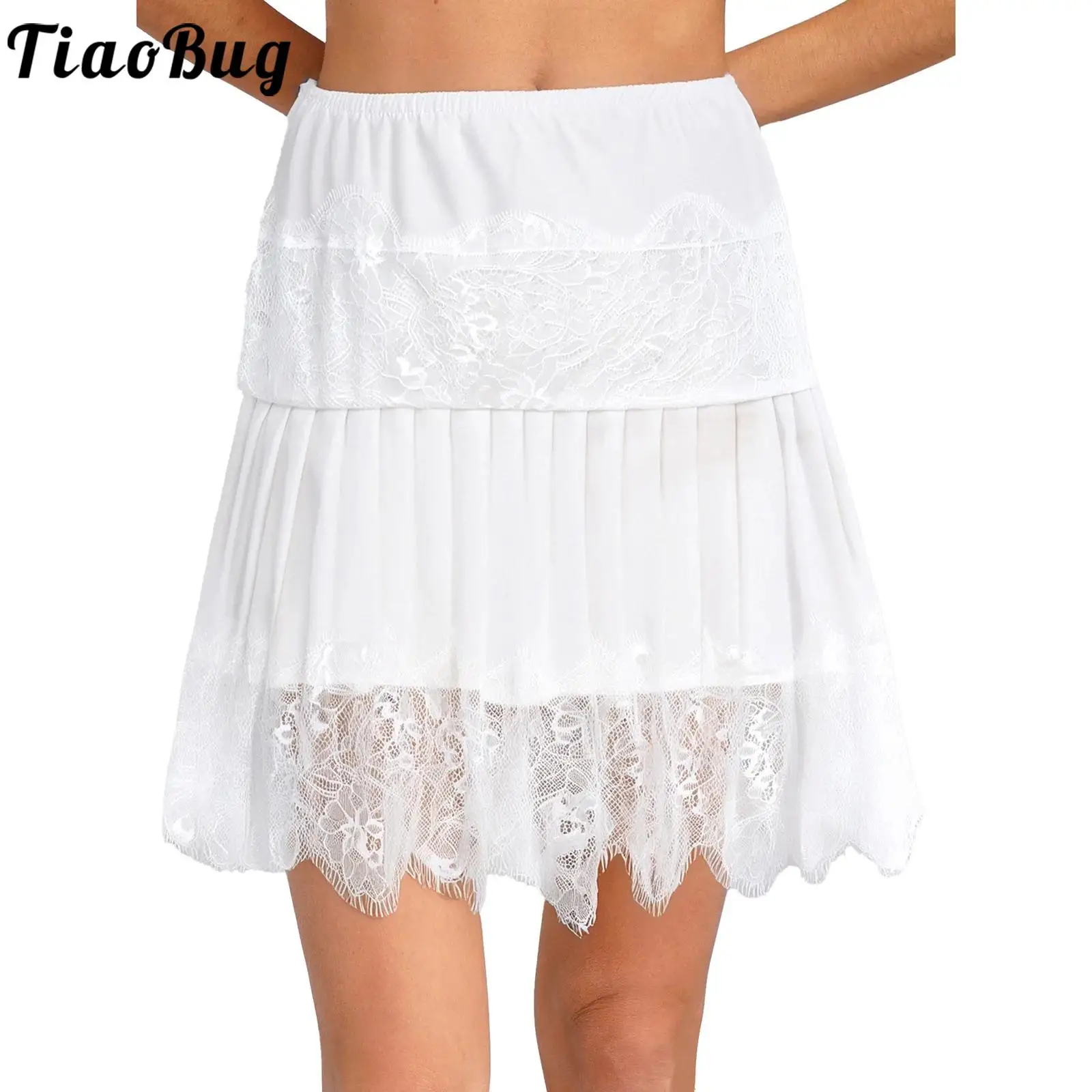 

Женские винтажные белые кружевные юбки с эластичной резинкой на талии, кружевные плиссированные подол с удлинителем, полуслип, нижняя юбка с рюшами, универсальная юбка