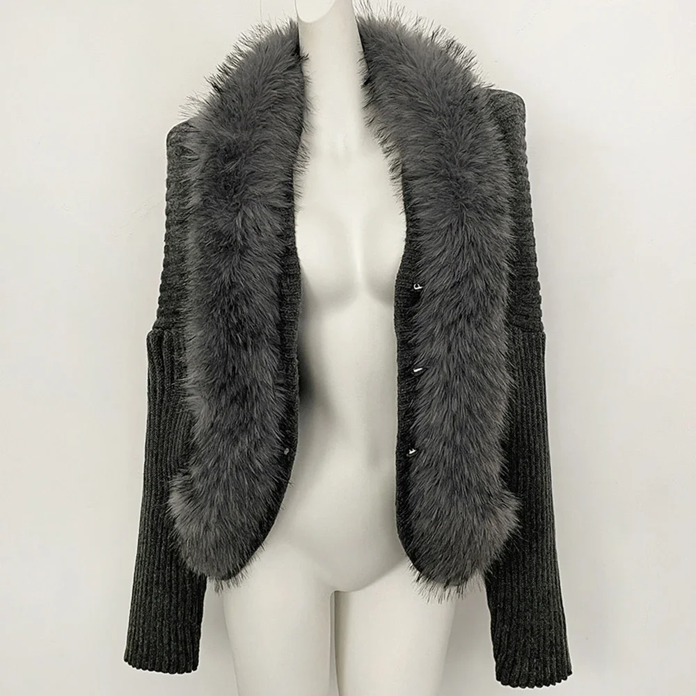 OFTBUY V-Ausschnitt Kunstpelzkragen Gerippter Strickpullover Mantel Damen Kurze Strickjacke Locker Geschnittene Schulter Neue Winteroberbekleidung – Detail 14