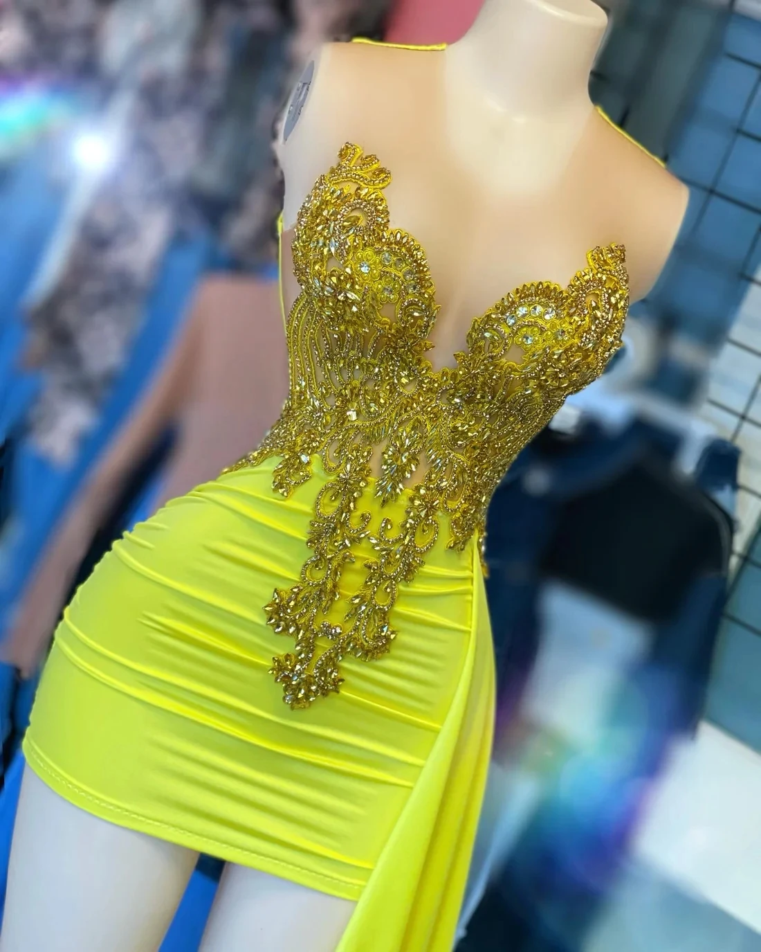 Sheer Yellow Diamond Short Prom Dresses Black Girls Sexy Birthday Party Dresses African Mini Cocktail Dresses Homecoming