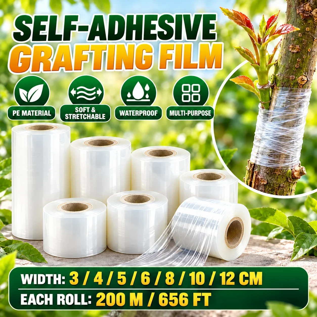 PE Self-Adhesive Grafting Film Stretch Wrap Tape for Fruit Trees Budding Nursery Garden 3-12cm 200M After Stretching Waterproof