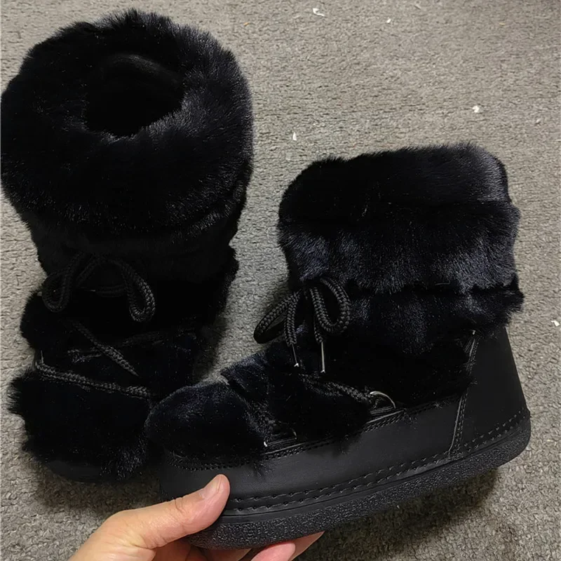 2024 الشتاء النساء الكاحل الثلوج رقيق فروي الأرنب الفراء التزلج الإناث منصة مقاومة للماء الأحذية القطنية الدافئة MN3