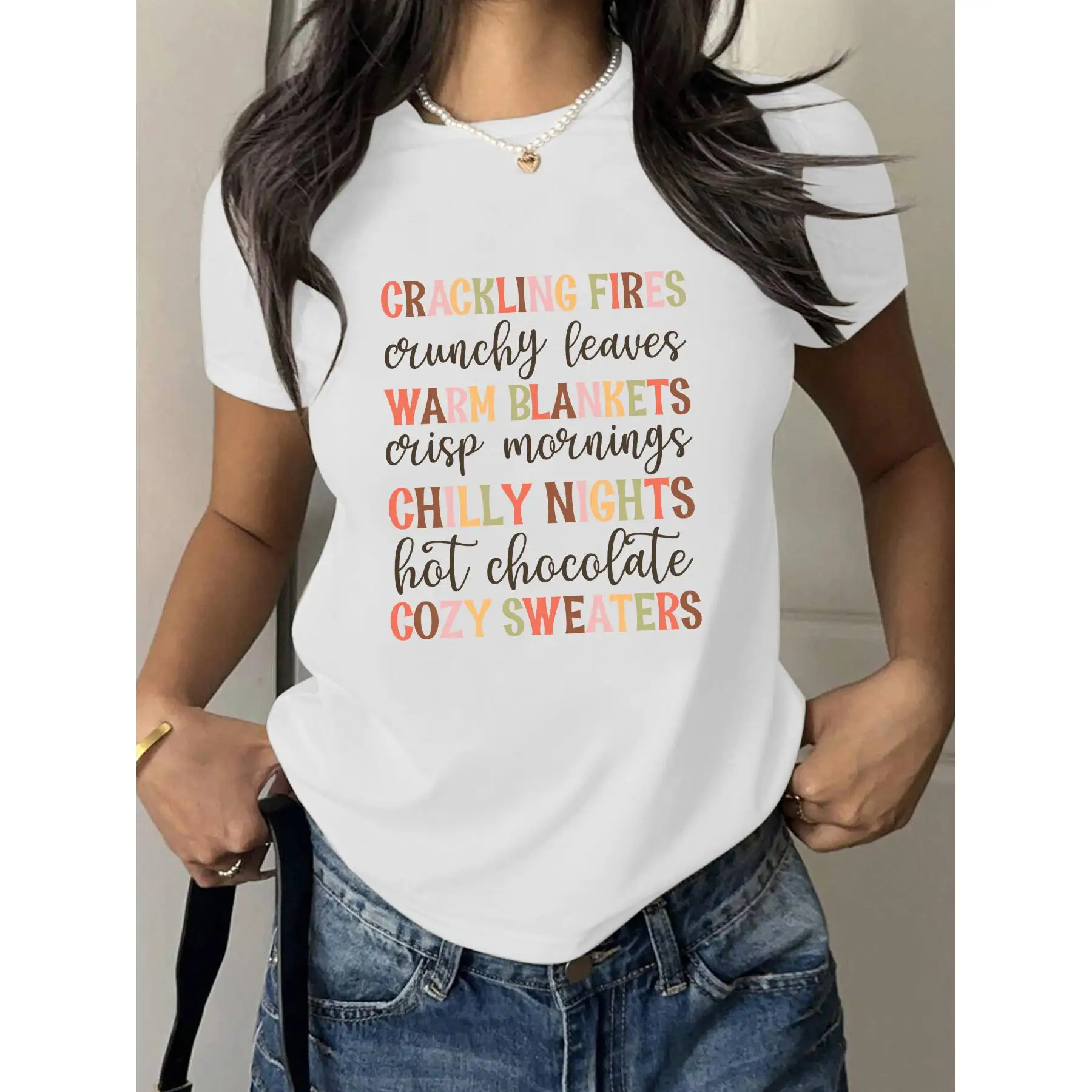 

Women's Autumn Cozy T-shirt "Crackling Fires Warm Blankets" Print Short Sleeve Loose Fall Fashion Seasonal Gift