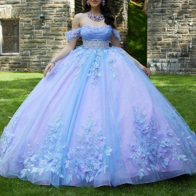 Customized Lavender Glitter Off The Shoulder Ball Gown Quinceanera Dresses Sweet 16 Princess Applique Lace Beads Prom Gowns