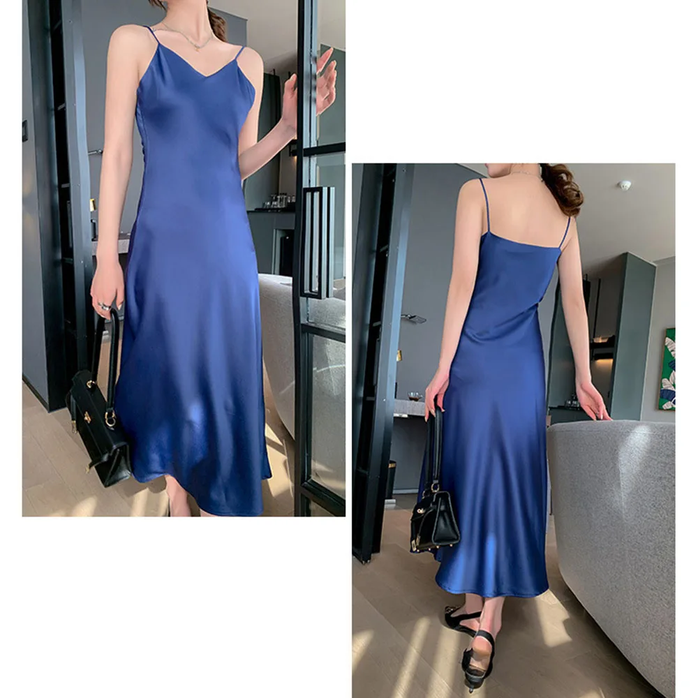 Women Sexy Style Summer Slip Dress V Neck Solid A-line Slim Pullover Fashion Temperament Women's Casual Satin Long Dresses 2022