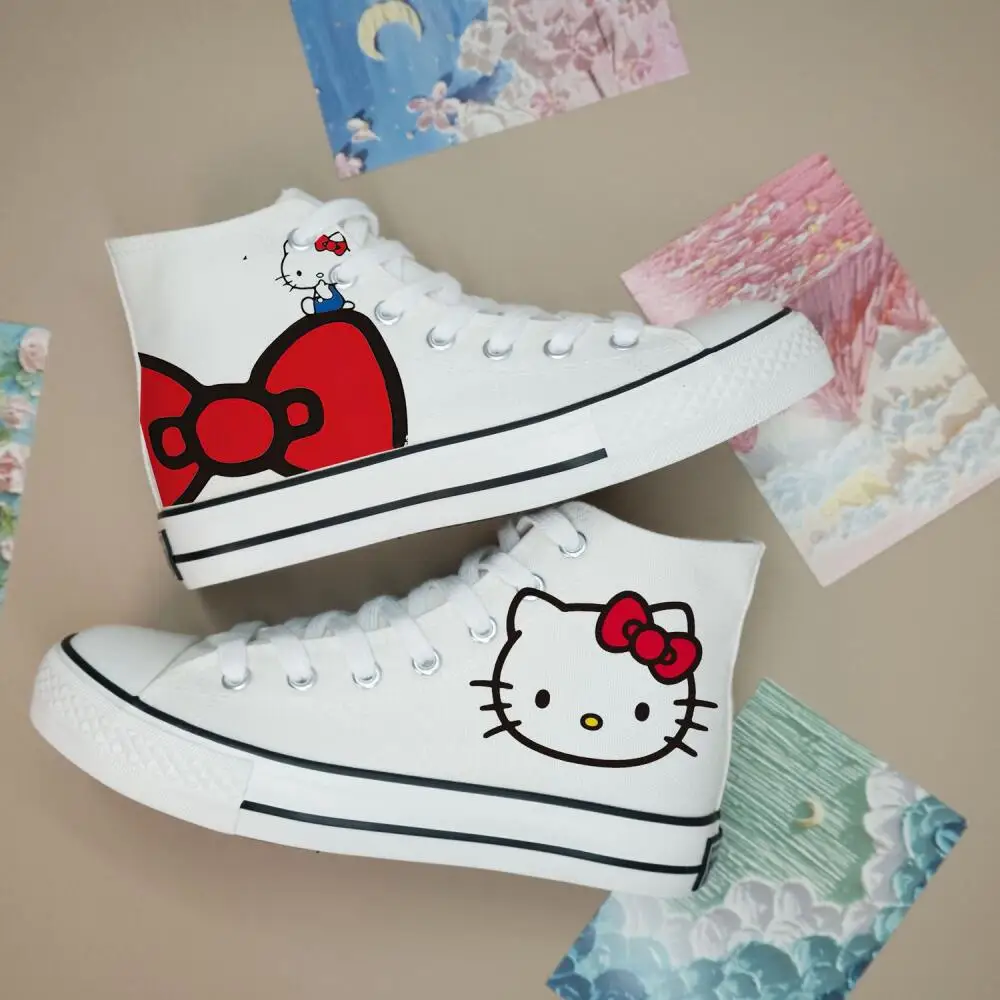 

2026 Cute Hello Kitty Canvas Shoes Couple Anime Men Women Cat Casual Shoes Girls Student Thick Bottom Trend Board Shoes