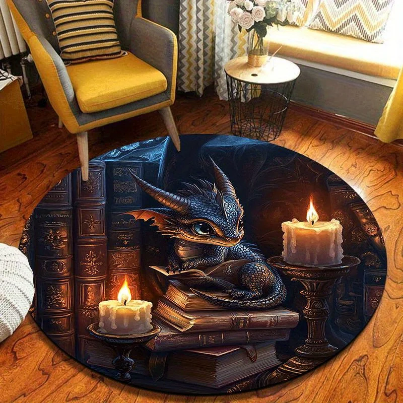Dragon Reading Book Pattern Flannel-printed round floor mats are slip-resistant Suitable for room bedroom terrace garden carpets