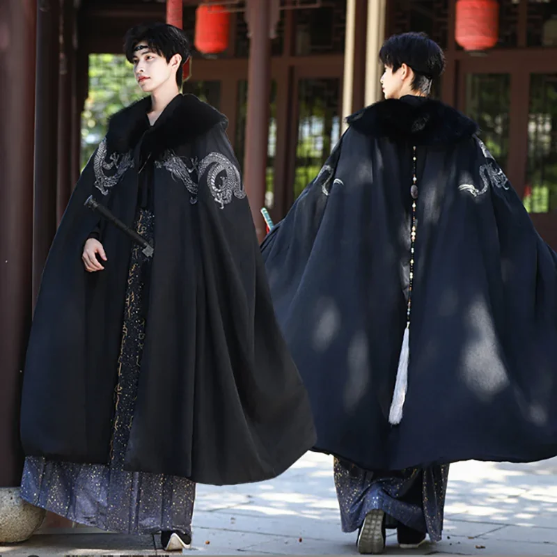 

Зимний теплый мужской плащ ханьфу, традиционный китайский плащ с двумя драконами, черная шерстяная накидка, Рождественский костюм ханьфу, хлопок 4XL