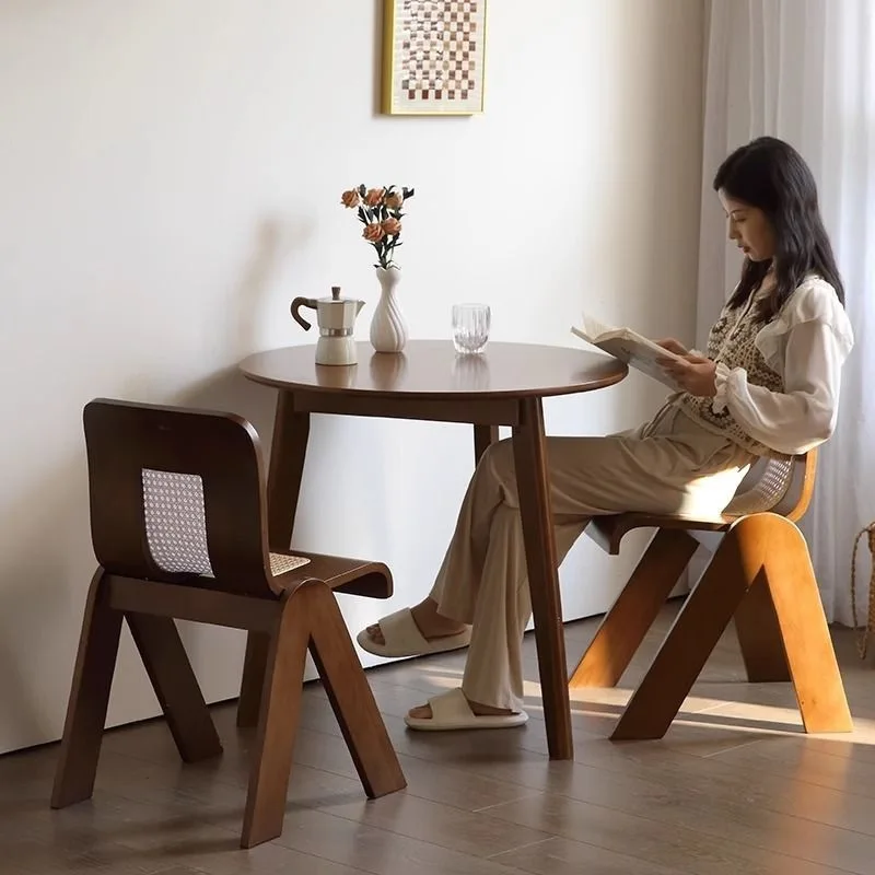 

Retro rattan home solid wood backrest dining chair chair creative bedroom light luxury