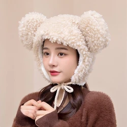 Winter Women Warm Plush Thickened Cute Bear Hat Imitation Cashmere Girl Outdoor Cartoon Hat Interesting And Novel White