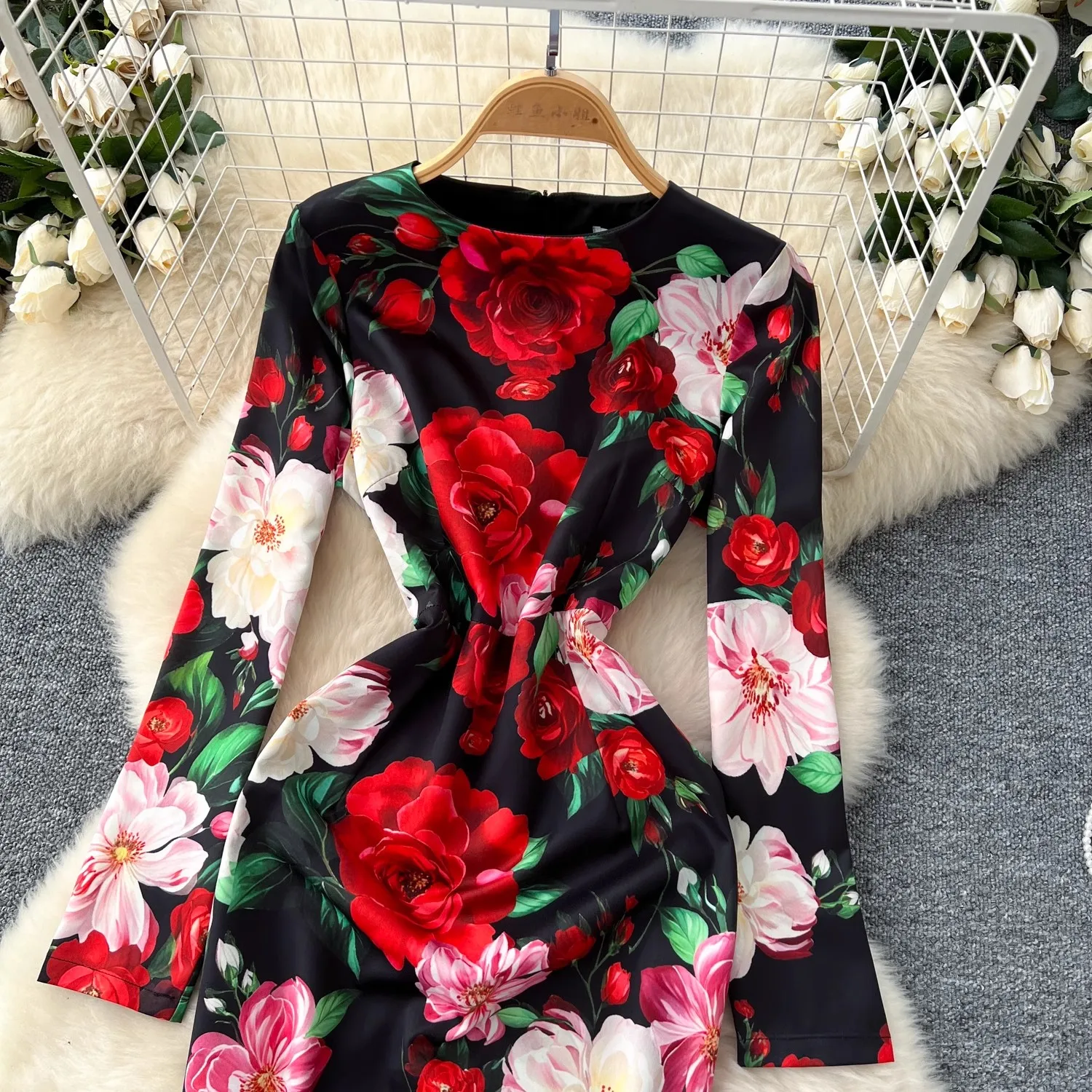 Pista de verão elegante lindo pacote de flores hip split vestido feminino o-pescoço manga longa magro high street bodycon vestido de festa