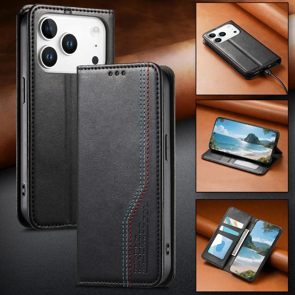 

Fashion Solid Color Leather Flip Cover for iPhone Air 17e 16e 15 14 Plus 13 12 11 Pro Max with Built-in Wallet Card Slots