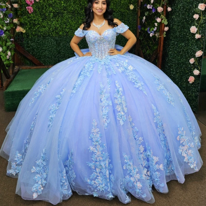 

Blue Shiny Quinceanera Dresses Ball Gown Off The Shoulder Applique Lace Beads Bow Tull Corset Sweet 16 Dress Vestidos 15 De Anos