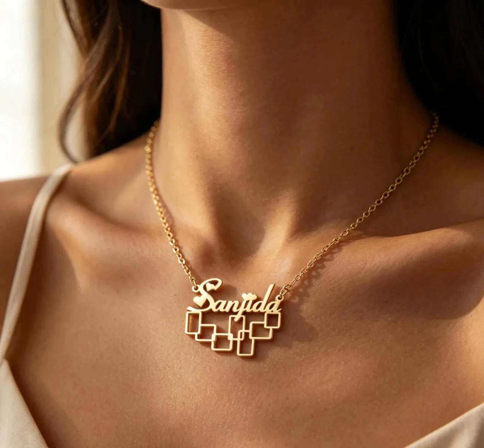 Custom Geometric Square Name Necklace Personalized Cursive Name Pendant Stainless Steel Gold Plated Custom Jewelry for Women