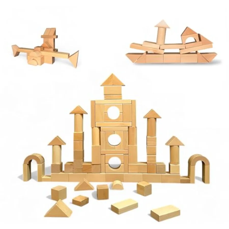 

100-Piece Wood Building Blocks Set — Includes Heavy Duty Shape-Sorter Lid & Storage Bucket Wooden Blocks, Educational Screen-Fre