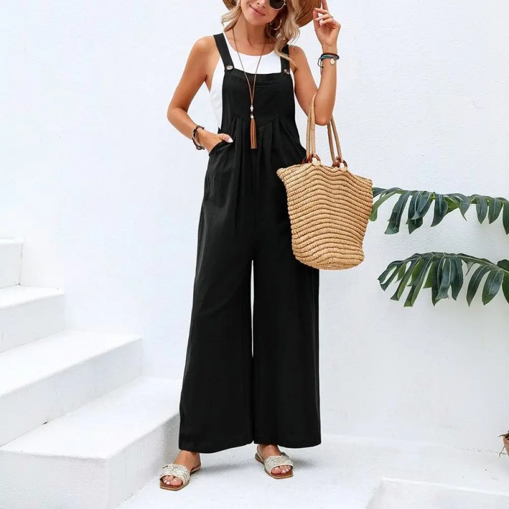 Womens Casual Cotton Overalls Solid Color Loose Trousers Vintage Style Comfortable Wide Leg Jumpsuit Ladies Daily Wear