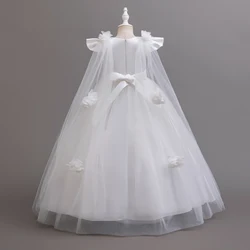 HETISO Long Tulle Flower Girl Dresses for Wedding Guest Kids Bridesmaid White Lace Formal Performance Party Ball Gown 10 12 Year