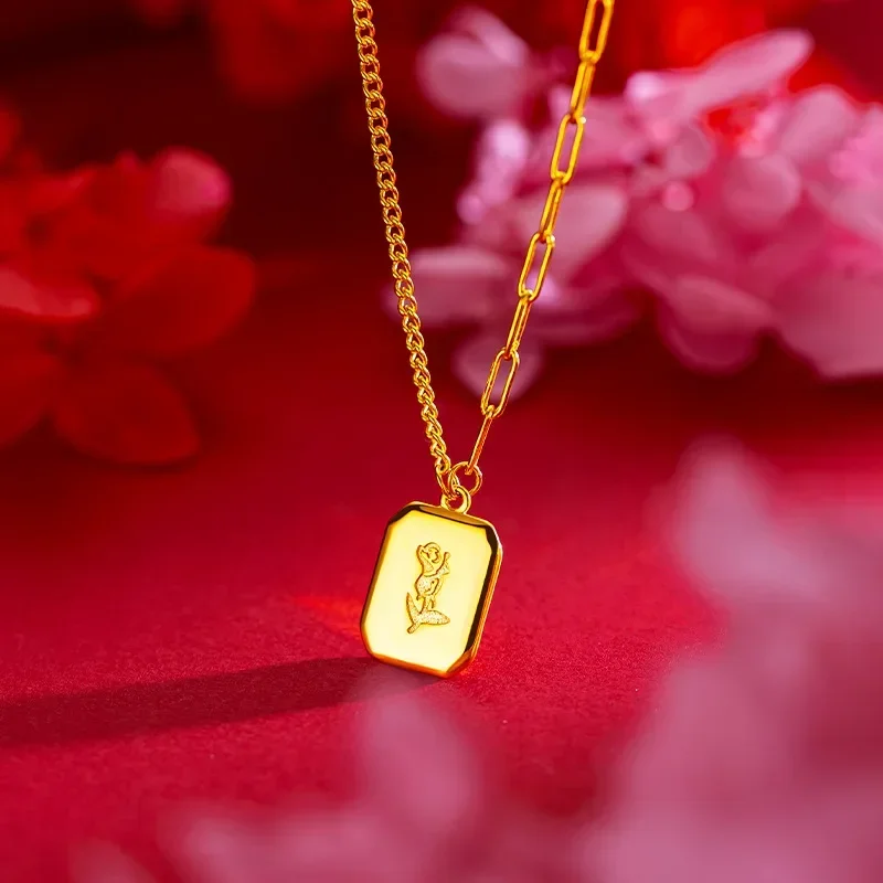 

9999 Real Gold 24K Yellow Gold English Necklace Rose Card Collarbone Necklace