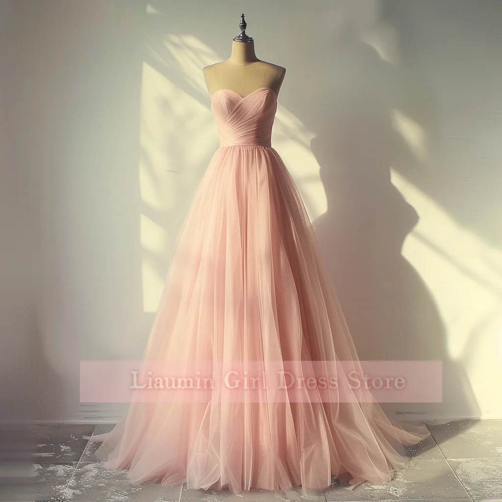 New Custom Pink Tulle Spaghetti Straps Full Length Lace Up Back Formal Prom Evening Dress Brithday Homecoming Clothing  W9-2