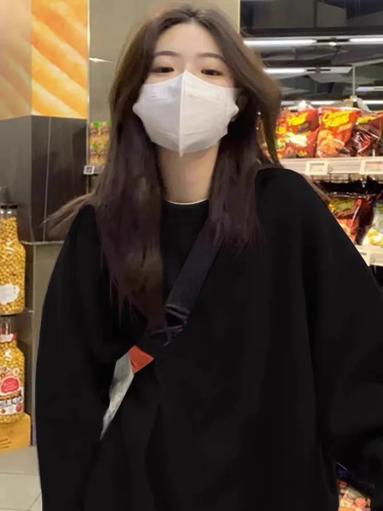 الأبيض Fce اصطف Thiened حجم كبير هوديي المرأة ربيع الخريف فضفاض منتصف طول أعلى جولة Ne مريحة البوليستر