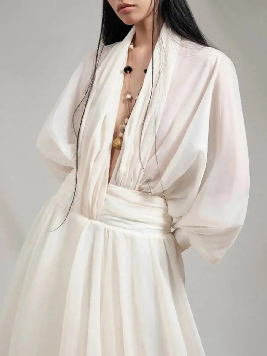 TLXT Elegante frauen Lose Sheer Gespleißt Falten Sexy Kleider V-ausschnitt Mit Langen Ärmeln Hohe Taille Mode Kleid Weibliche Kleidung Neue