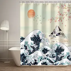 Japanese Ceramic Waterproof Polyester Fabric Bathroom Curtain Japanese Wave Shower Curtain, for Bathroom, Asian Decor with hooks