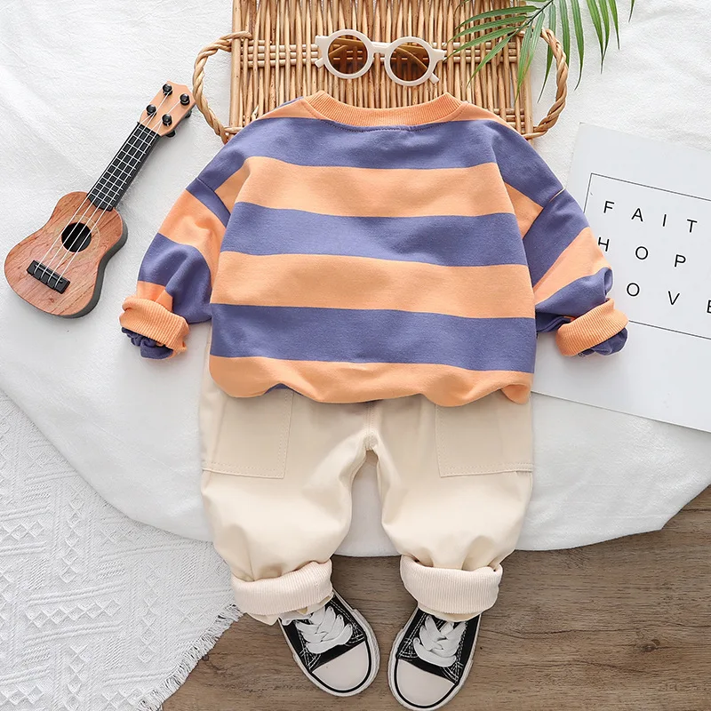 Autumn Children Clothes Set Striped Long Sleeve Boys Casual Cartoon T-shirt Pants Set 2 Pieces Baby Boy Clothing