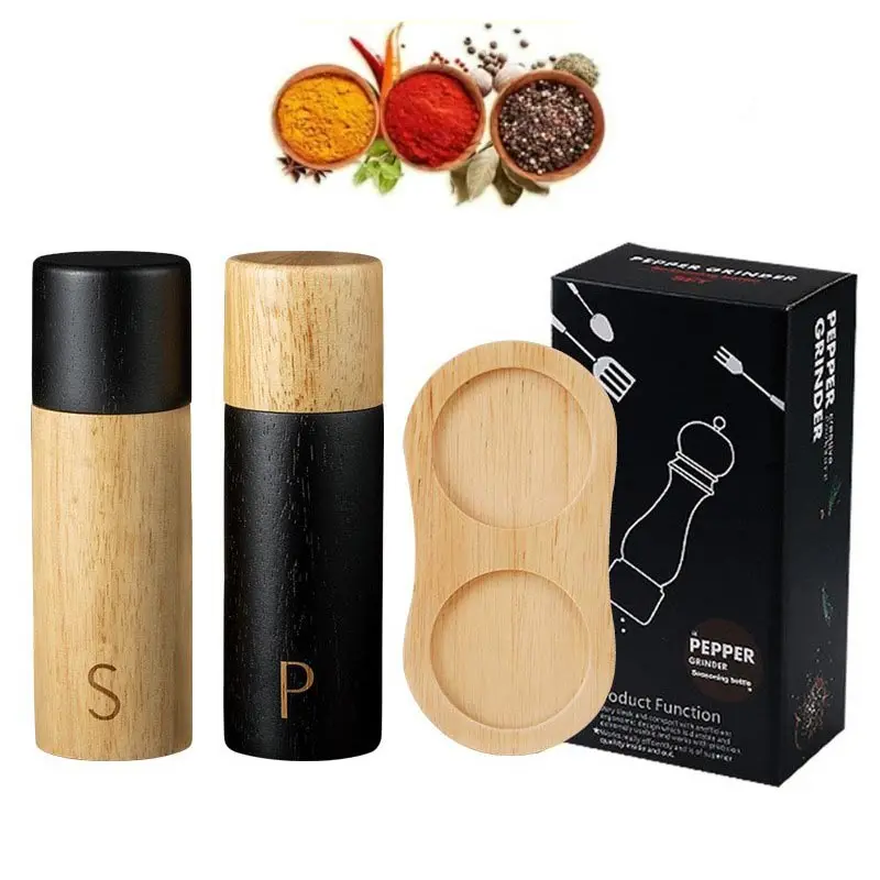 7-inch Wooden Salt and Pepper Grinder Set,Refillable and Matching Spice Mill,Wood Tray,Manual Salt Pepper Shakers Set,S-P label