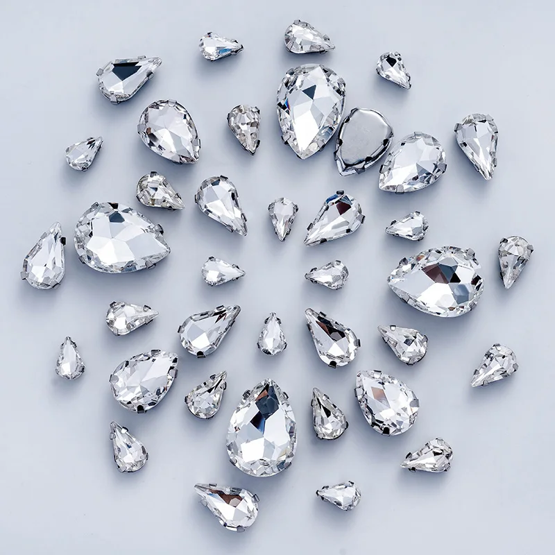 QIAO Mehrfachform Gemischte Größen Glas-Aufnähstränen Flache Rückseite Klare Kristallsteine für Hochzeitskleid-Accessoires – Detail 12