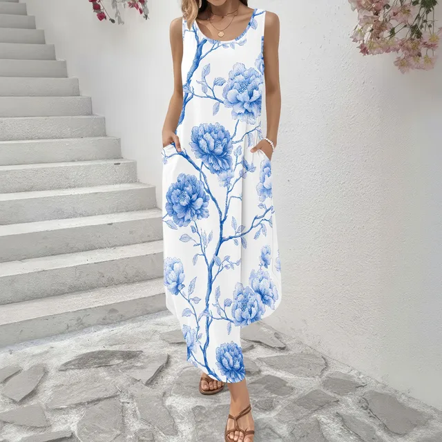 Vestido maxi floral azul sin mangas con bolsillos para playa y vacaciones
