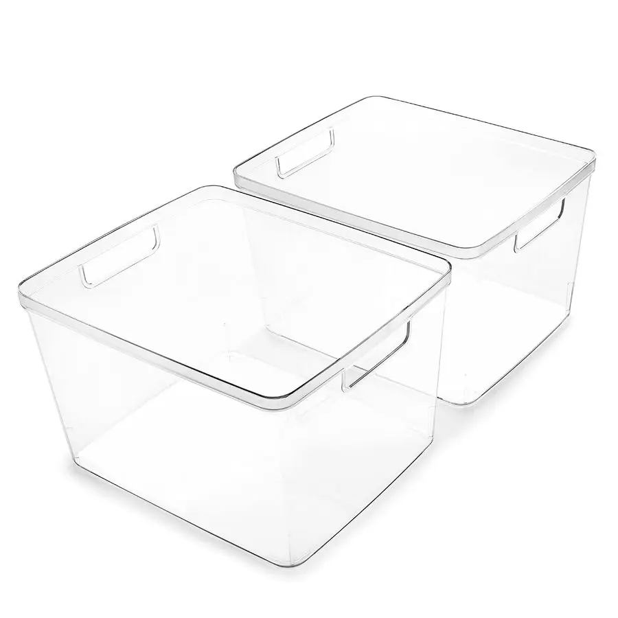 

Plastic Bins, Large 2 Pack THE LUCID COLLECTION MultiUse BuiltIn Handles BPAFree Clear Storage Containers Fridge Organizer Pantr