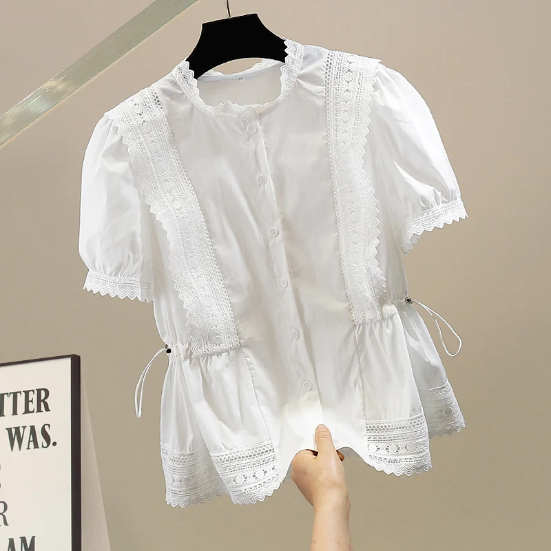 

Модная свободная рубашка с кружевными вставками и завязками на талии, в корейском стиле, однотонная, с воротником-стойкой, для повседневной носки