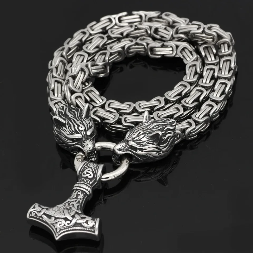 Viking Wolfskopf Thor Hammer Anhänger Halskette Edelstahl Vintage Viking Amulett Unisex Punk Biker Modeschmuck Geschenk – Detail 4